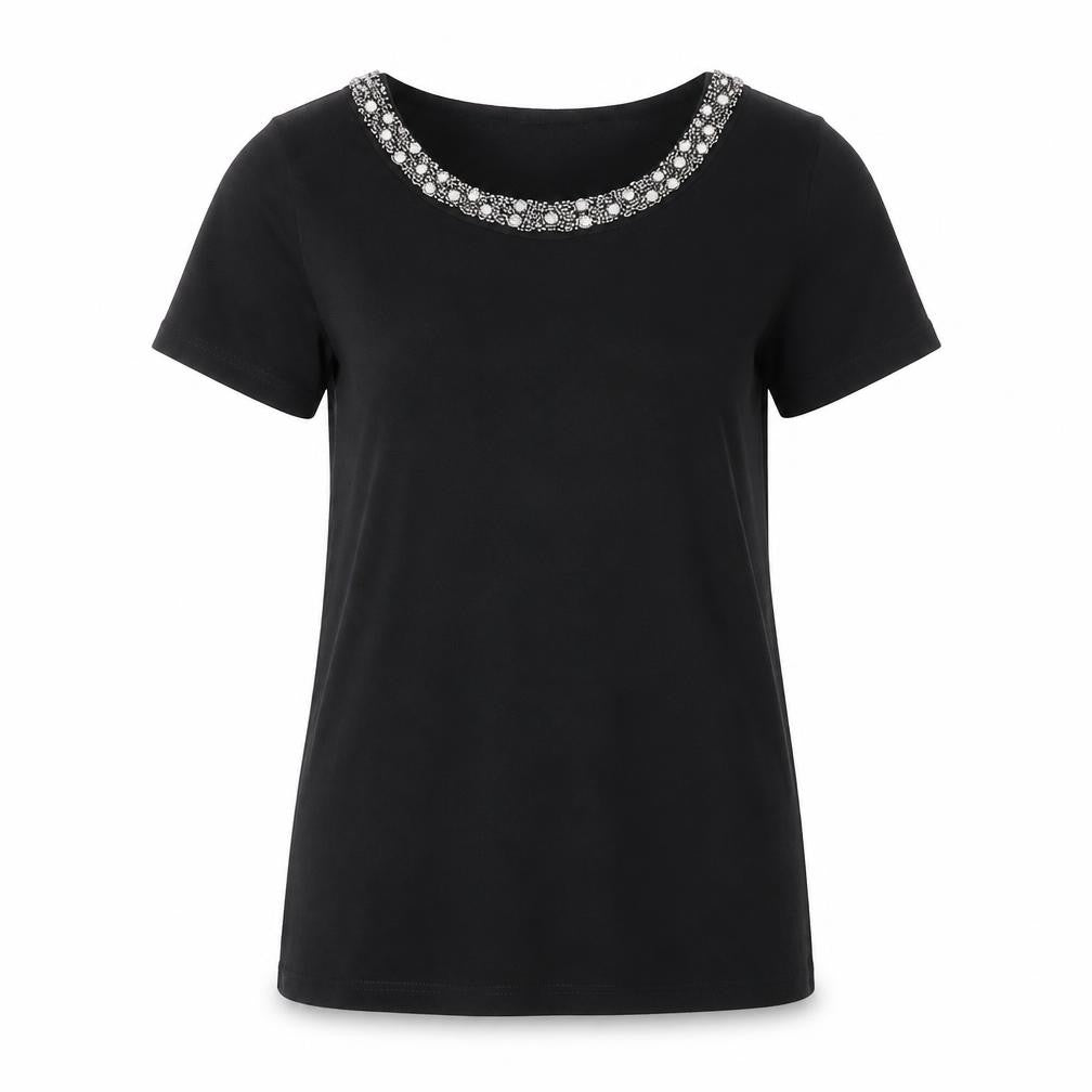 Front view of New Look Women's Black Beaded T-Shirt, size 6