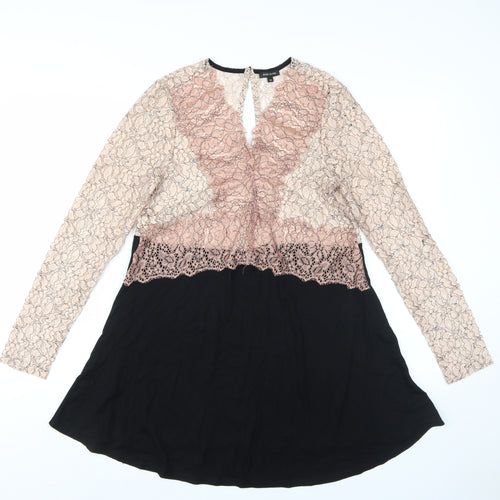 River Island Women's Black and Pink Lace A-Line Dress Size 10