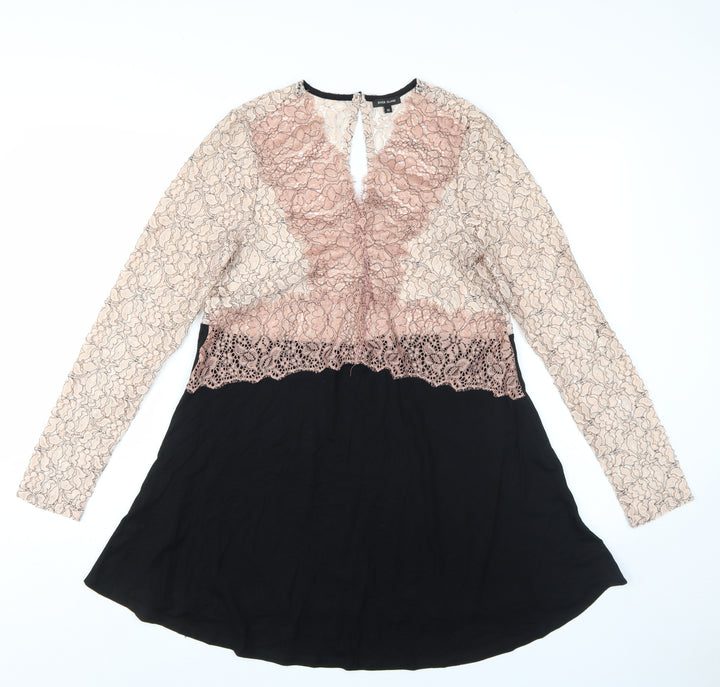 River Island Women's Black and Pink Lace A-Line Dress Size 10