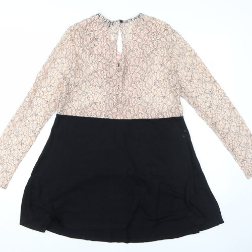River Island Women's Black and Pink Lace A-Line Dress Size 10