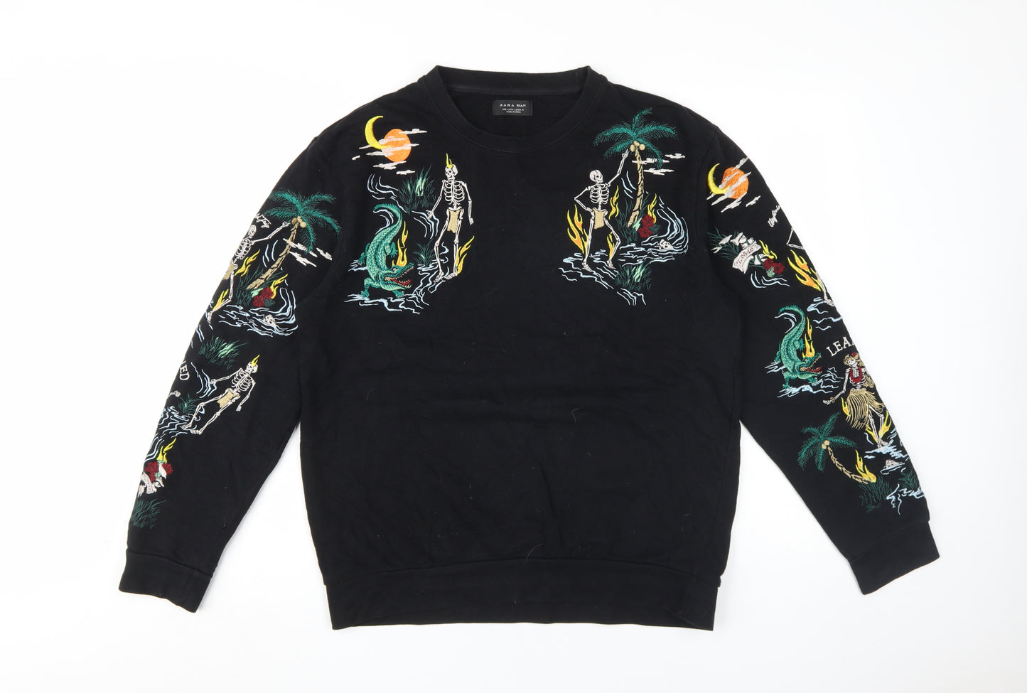 Zara Men's Black Embroidered Sweatshirt, L, Autumn