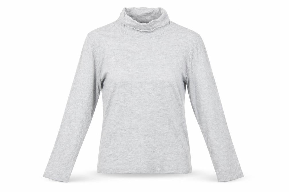 Front view of ISLE ESSENTIALS Women's Grey Roll Neck Long Sleeve T-Shirt