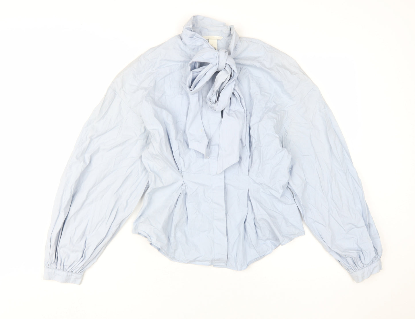 H&M Women's Blue Cotton Bow Blouse, Size 8, Long Sleeve