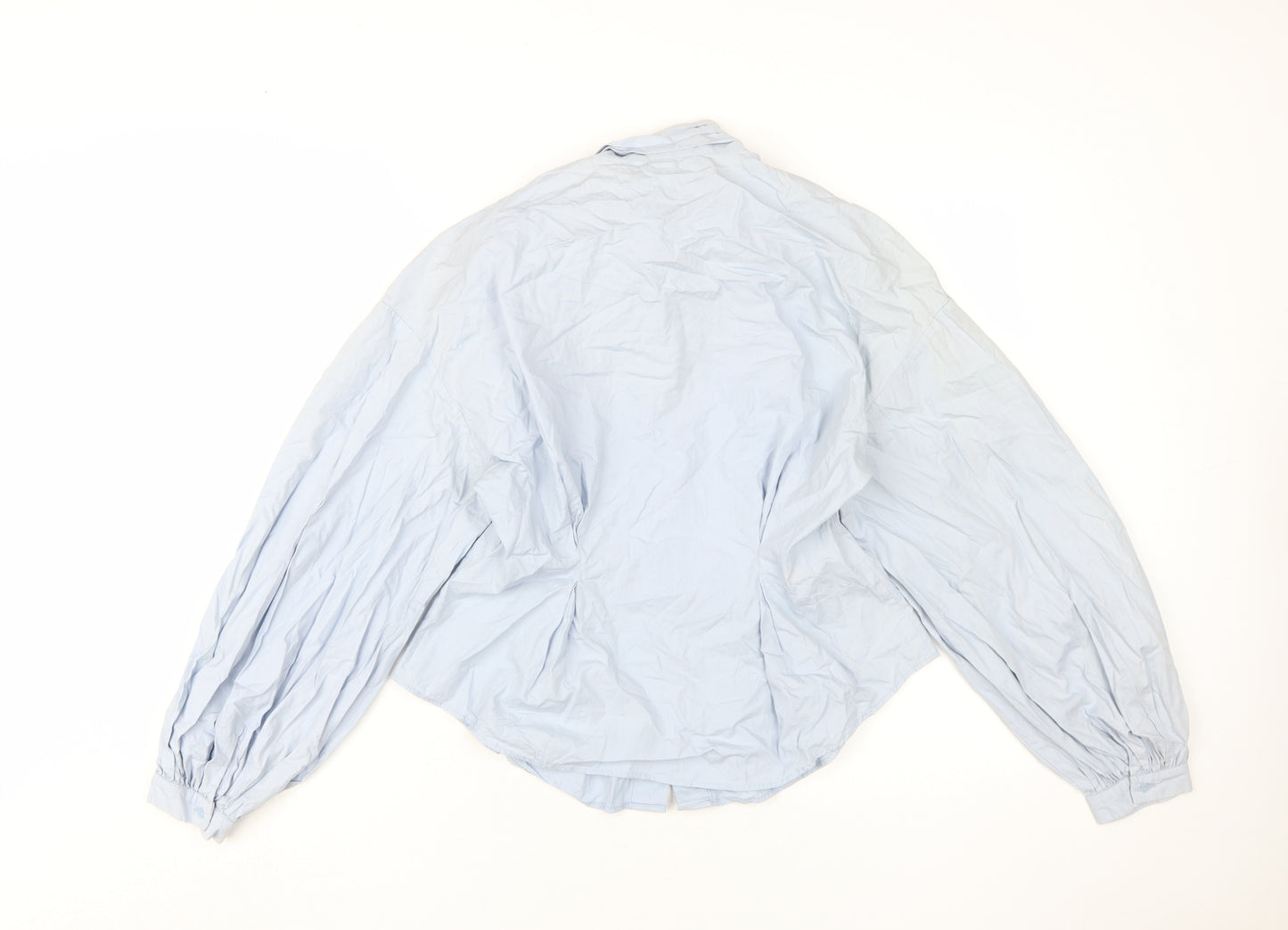 H&M Women's Blue Cotton Bow Blouse, Size 8, Long Sleeve