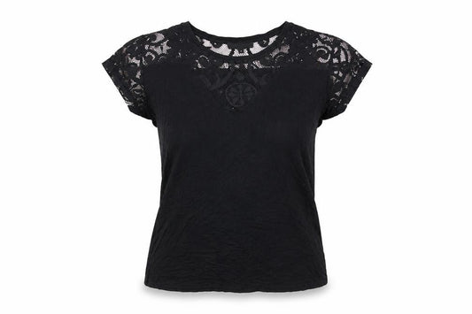Front view of Morgan Women's Black Lace T-Shirt, size M
