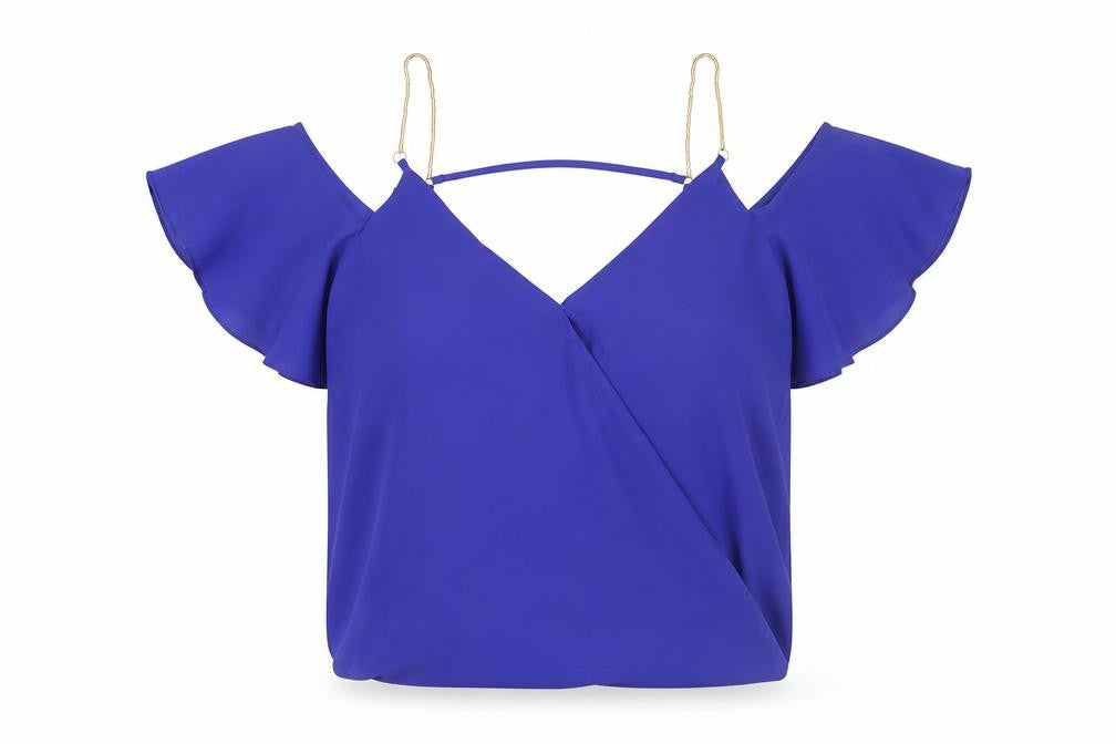 Front view of New Look Women's Purple Cropped Cold Shoulder Top