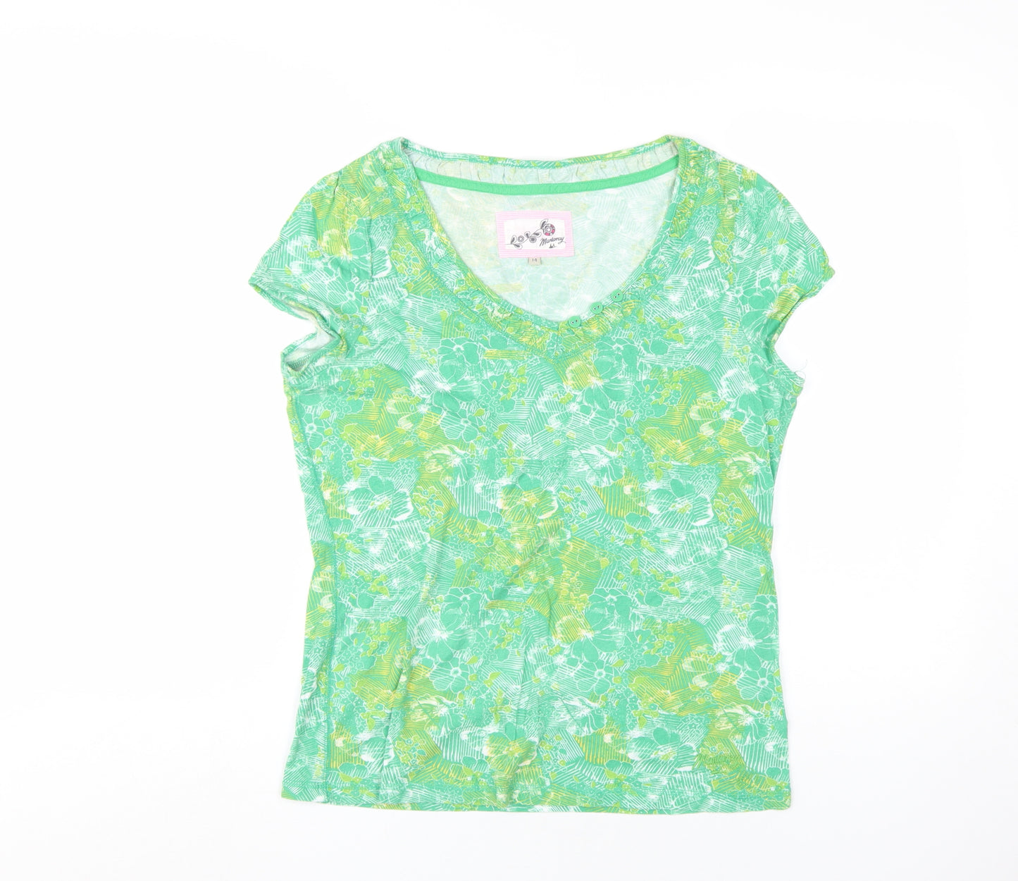 Manoray Women's Green Floral V-Neck T-Shirt Size 14