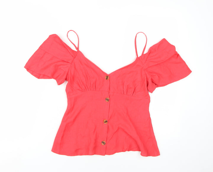 Topshop Women's Red Cropped Cold Shoulder Blouse Size 8