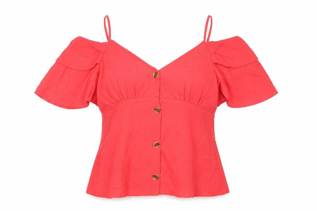 Front view of Topshop Women's Red Cropped Cold Shoulder Blouse, size 8
