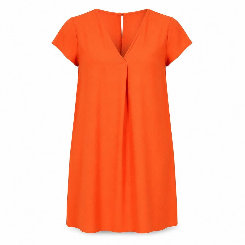 Front view of Yessica Women's Orange Shift Dress, size 12, V-Neck, Button