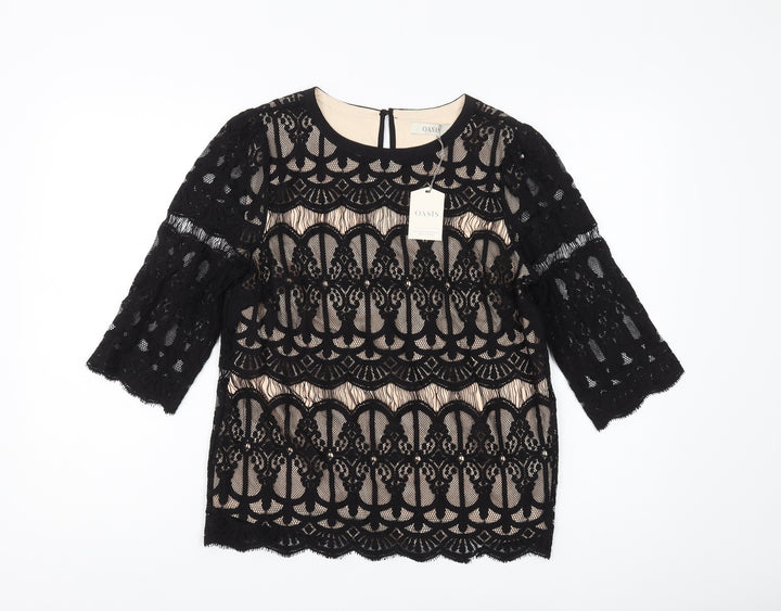 Oasis Women's Black Lace Tunic Blouse Size 8