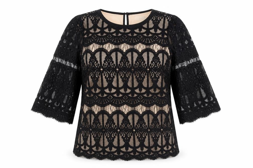 Front view of Oasis Women's Black Lace Tunic Blouse, size 8