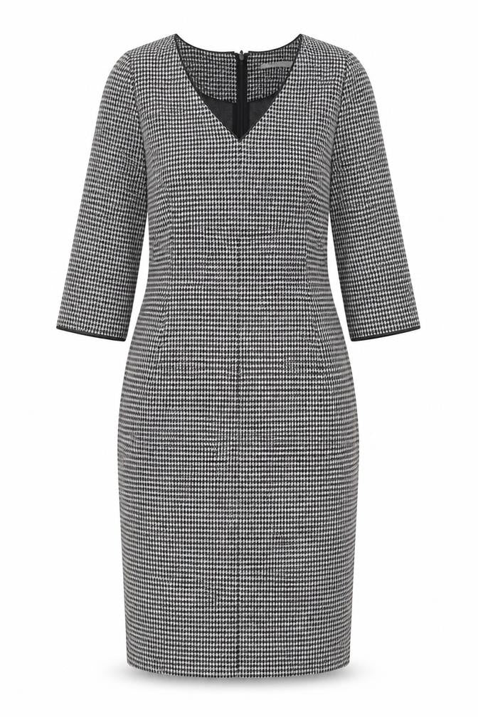 Front view of Oui Women's Black Houndstooth Pencil Dress, size 12