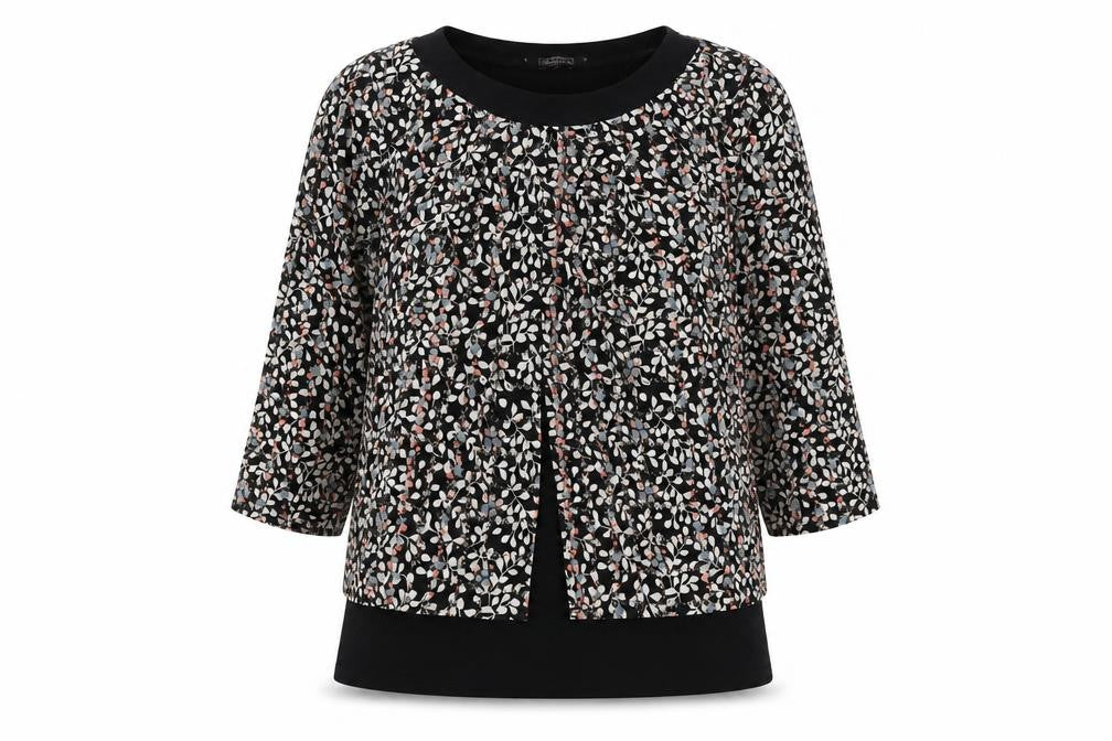 Front view of Classics Women's Black Floral Tunic Blouse, size 12