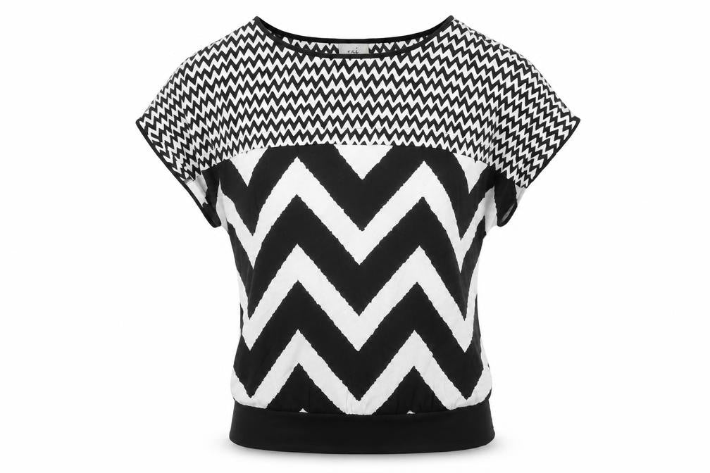 Front view of eci New York Women's Black Geometric Pattern Tee L