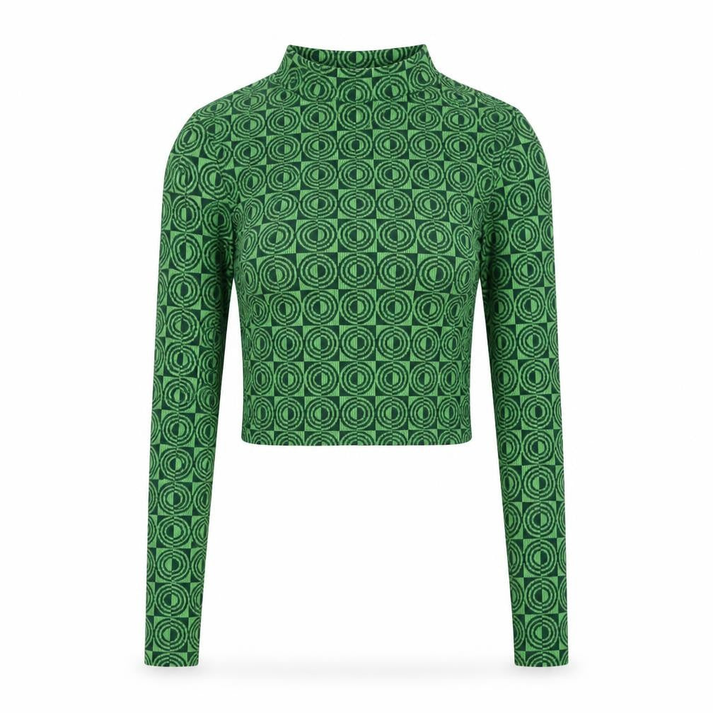 Front view of Stradivarius Women's Green Crop Top, size 4, Jersey Geometric