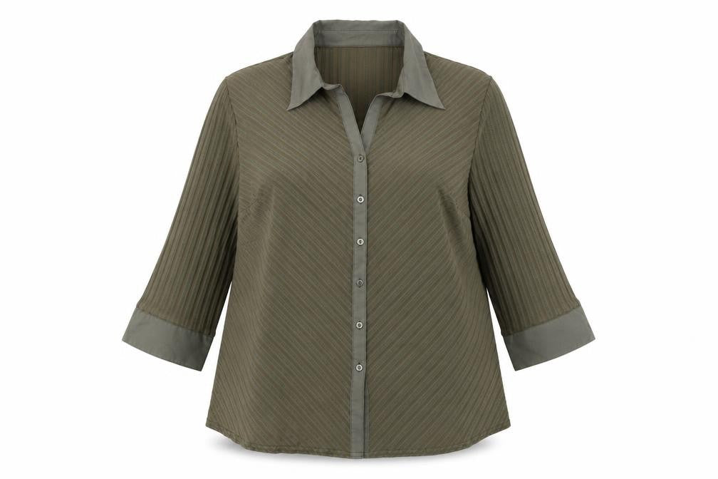 Front view of Essence Women's Green Button-Up 3/4 Sleeve Shirt