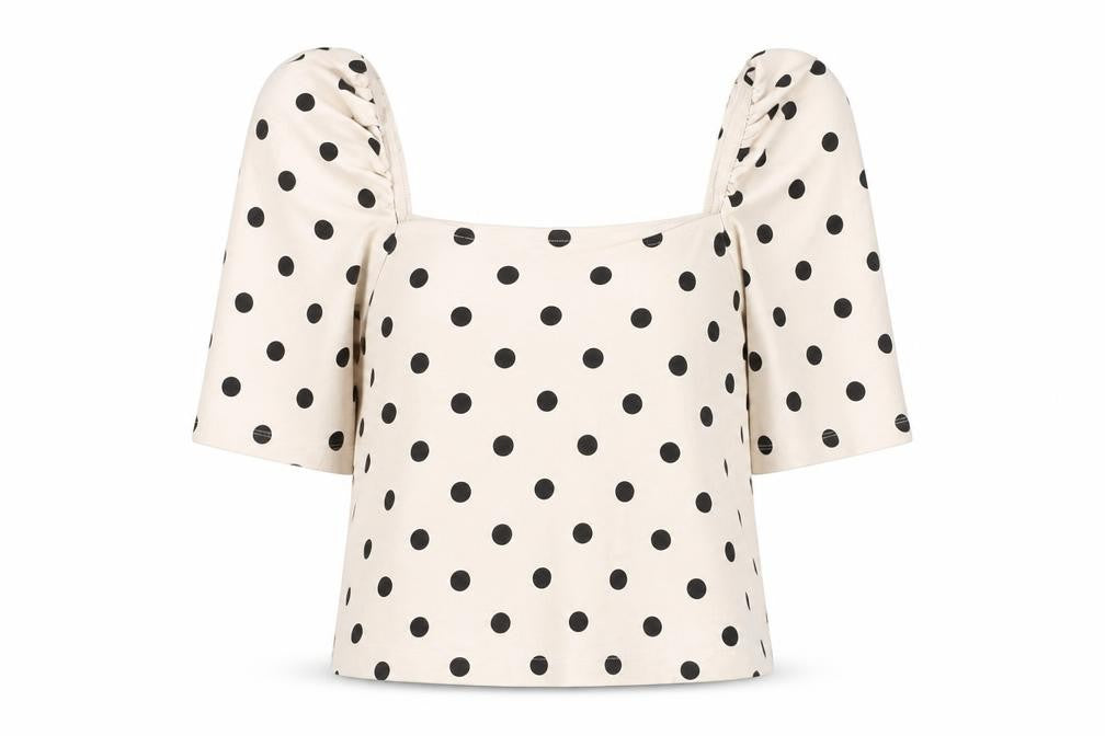 Front view of H&M Women's Beige Polka Dot Cropped Blouse, S