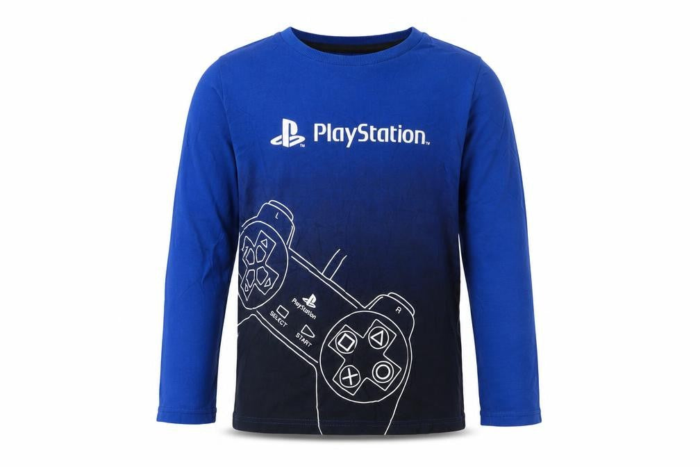 Front view of Next boys’ blue playstation graphic long sleeve t-shirt