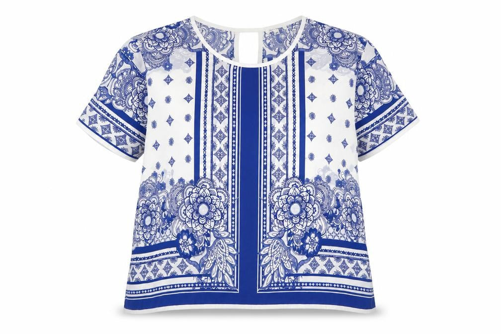 Front view of River Island Women's Blue Floral Blouse, size 12, Regular