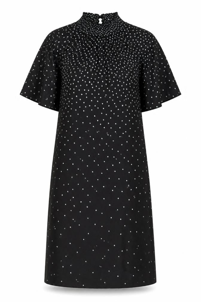 Front view of Oasis Women's Black Polka Dot Midi A-Line Dress