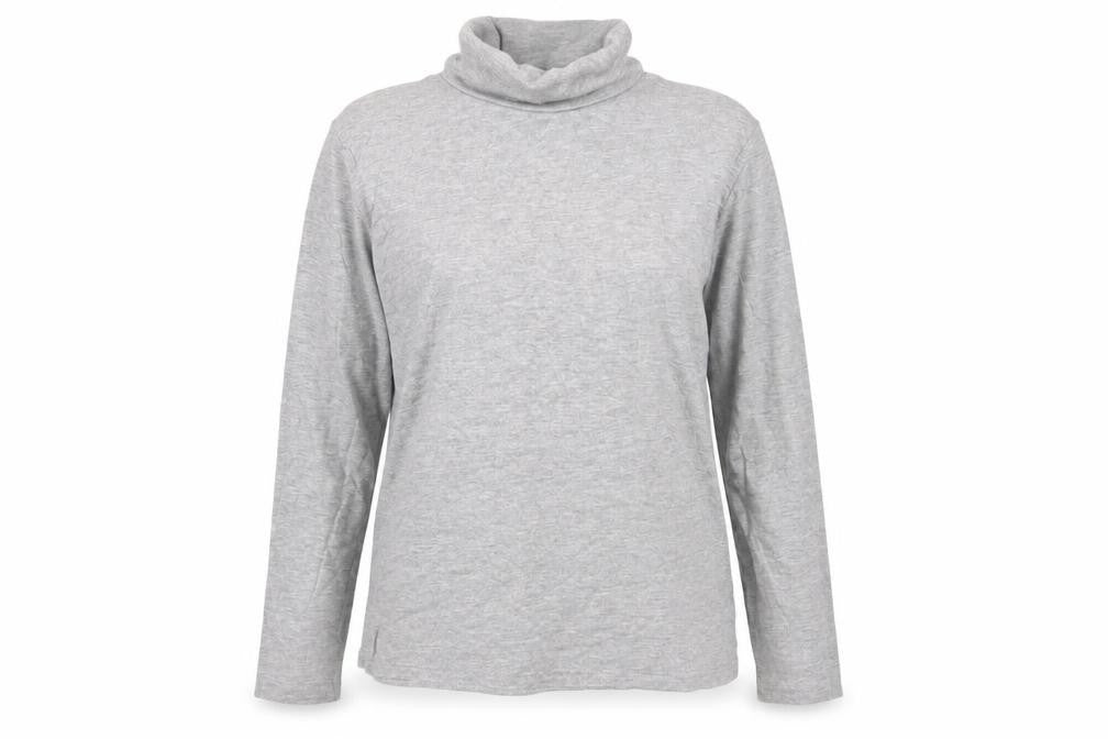 Front view of EWM Women's Grey Long Sleeve Roll Neck Top, size 10-12