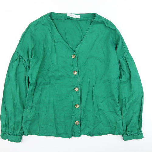 Promod Women's Green Button-Up V-Neck Top - Size 10