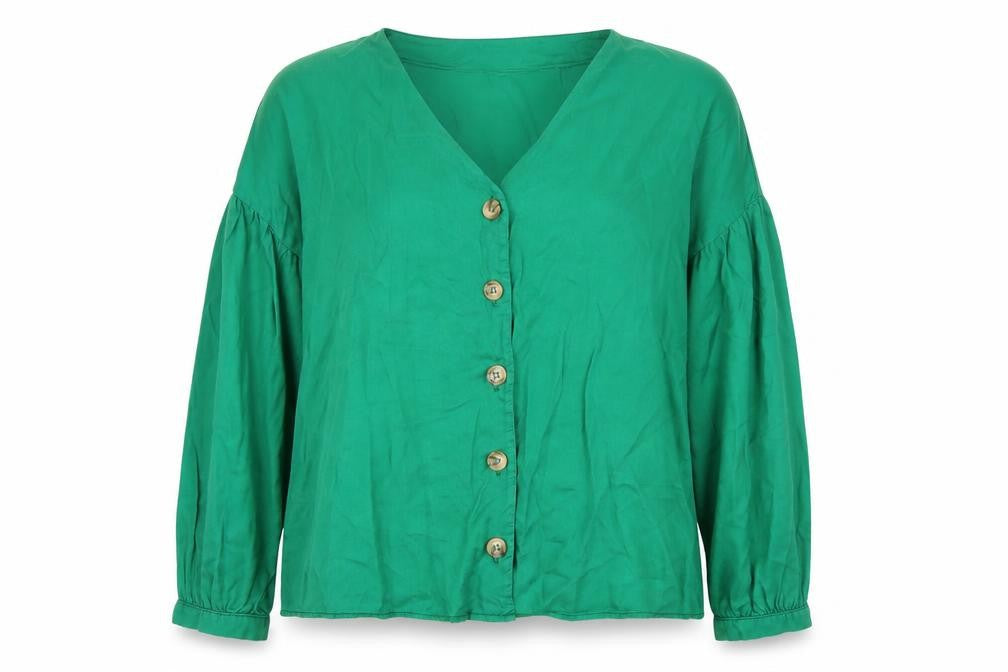 Front view of Promod Women's Green Button-Up V-Neck Top -, size 10