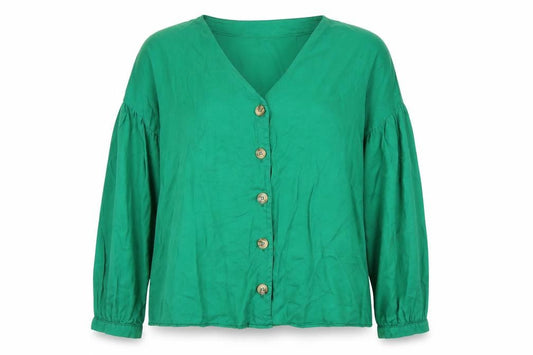 Front view of Promod Women's Green Button-Up V-Neck Top -, size 10