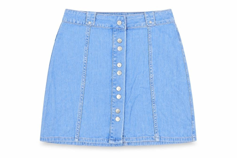 Front view of River Island Women's Blue Denim Button A-Line Skirt, size 8