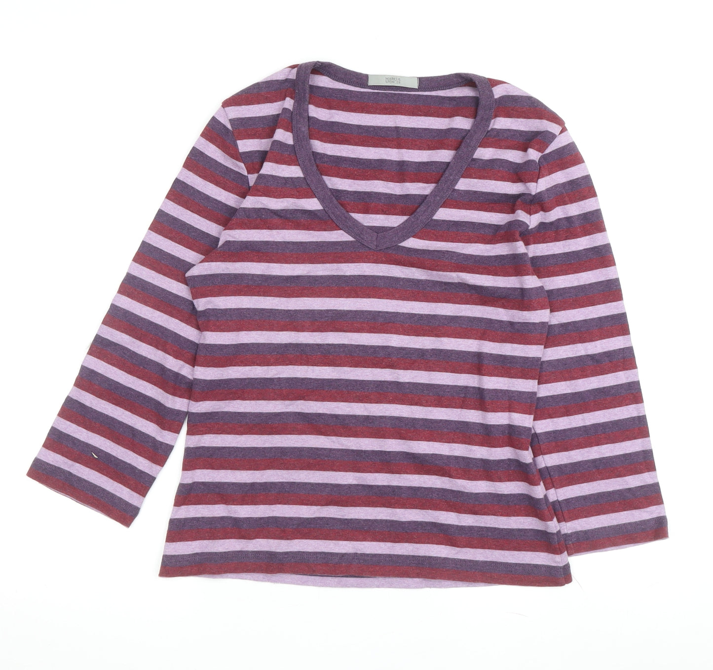 Marks and Spencer Women's Multicoloured Striped V-Neck T-Shirt Size 10