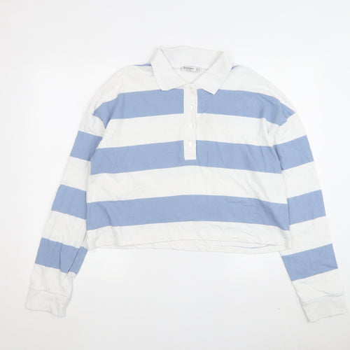 Stradivarius Women's Cropped Polo - Blue & White Striped, Size M