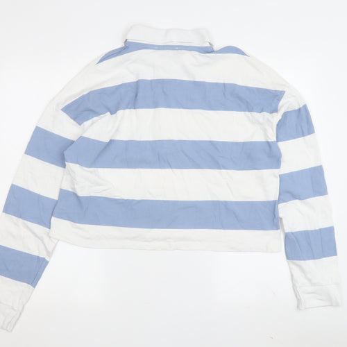 Stradivarius Women's Cropped Polo - Blue & White Striped, Size M