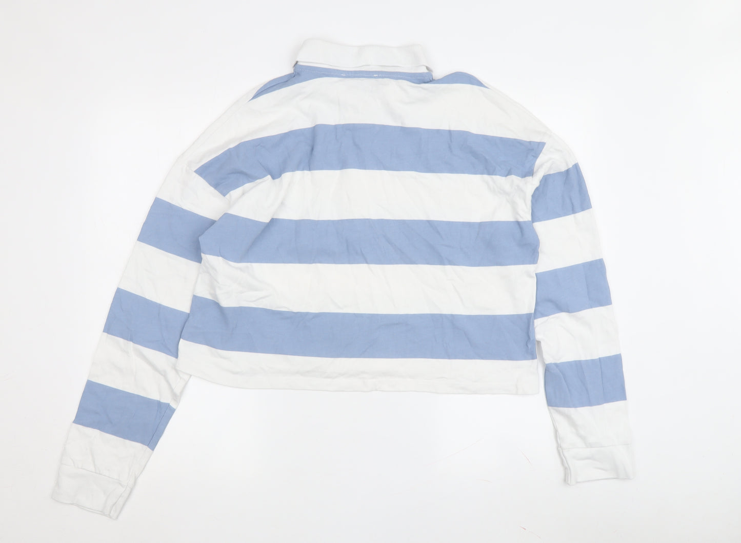 Stradivarius Women's Cropped Polo - Blue & White Striped, Size M
