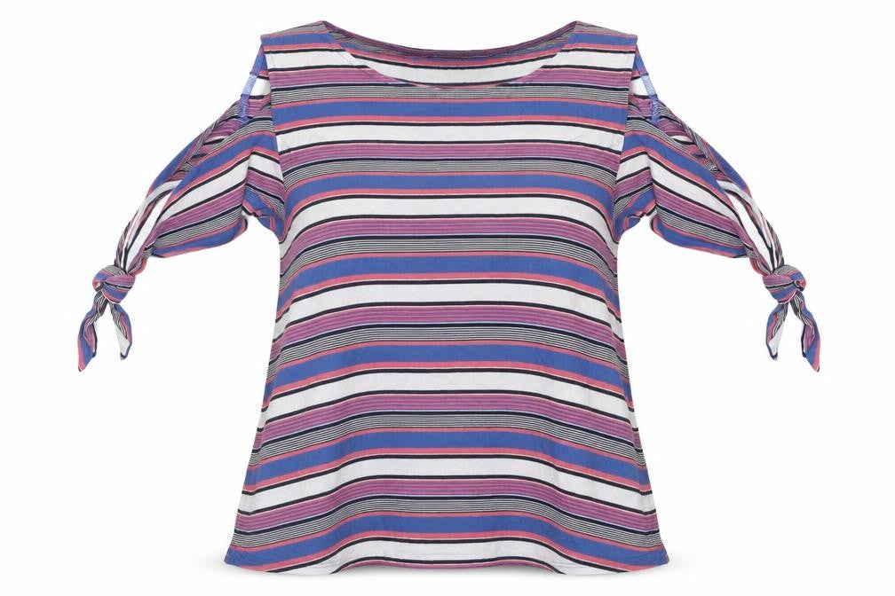 Front view of Oasis Women's Multicoloured Striped Cold Shoulder Tee