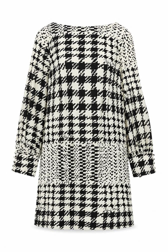 Front view of H&M Women's Black Houndstooth A-Line Dress, size 18