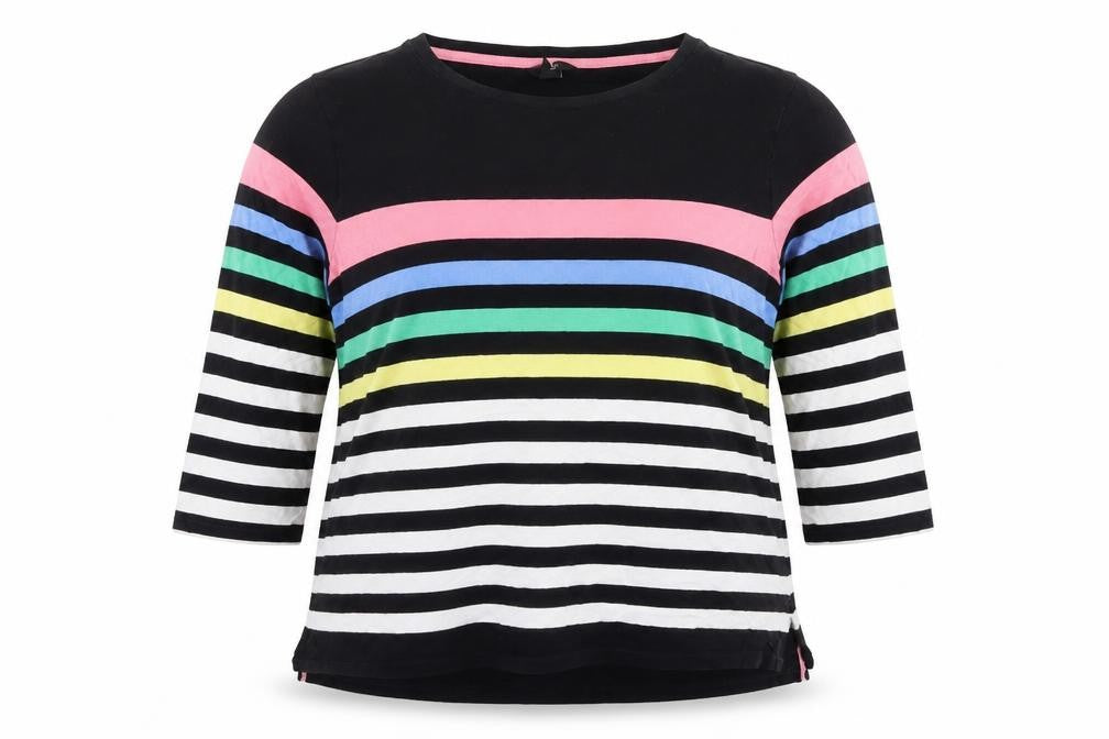 Front view of M&Co Women's Black Striped T-Shirt, size 14