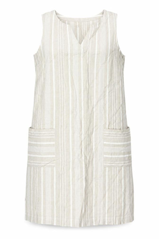 Front view of Maine New England Women's Beige Striped Sleeveless Dress UK 12