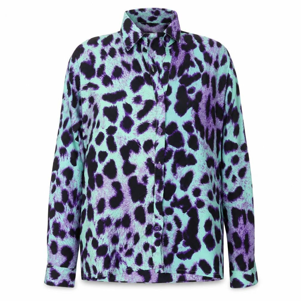 Front view of Dancing Leopard Women's Purple Animal Print Button-Up Shirt