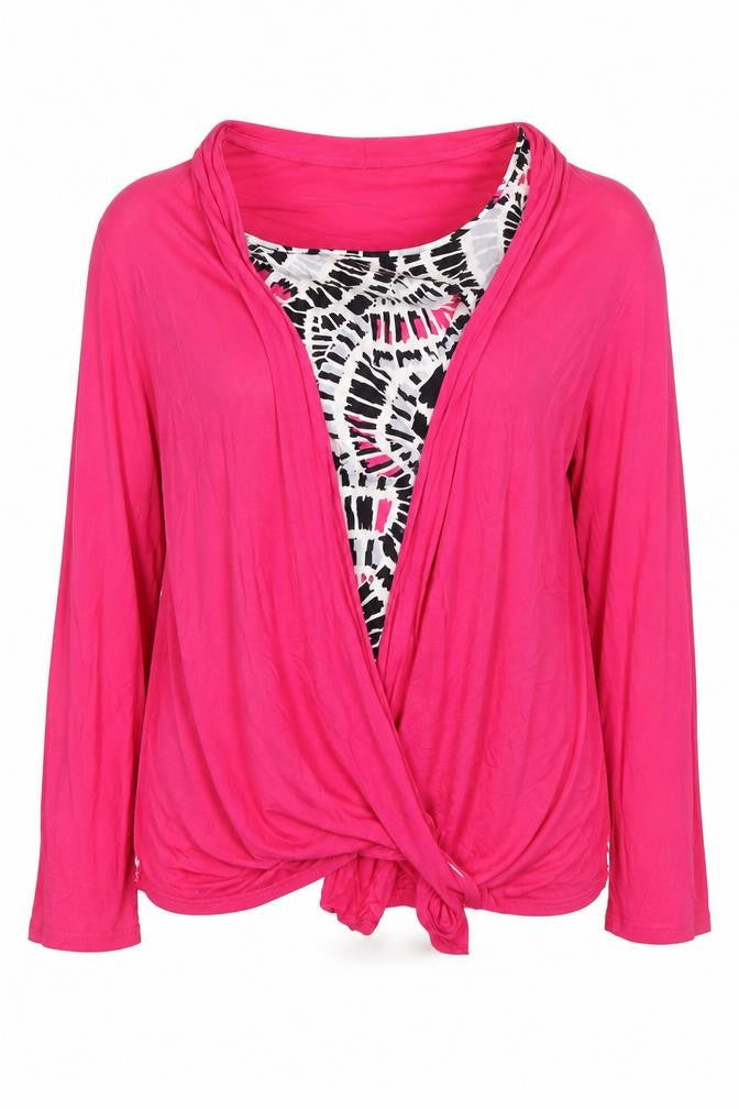 Front view of Happy D Women's Pink XL Wrap Top Long Sleeve