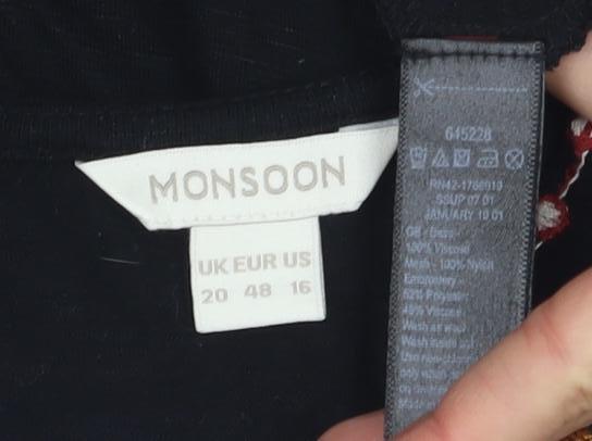 Monsoon Women's Black Tunic Blouse, Size 20, Embroidered