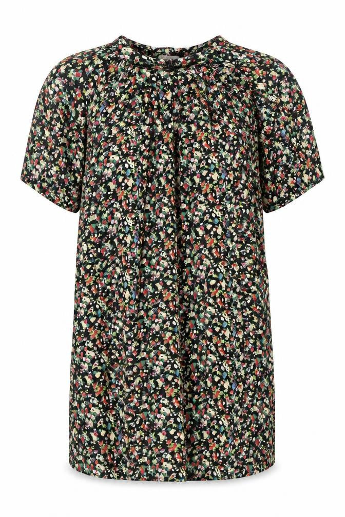 Front view of Lounge Women's Black Floral Blouse Short Sleeve, size 8