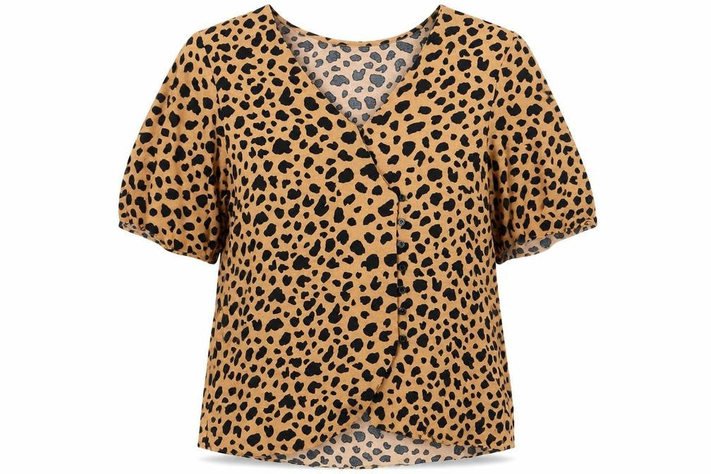 Front view of Warehouse Women's Brown Animal Print Wrap Blouse, size 12