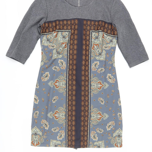 Derhy Womens Grey Paisley 3/4 Sleeve Shift Dress Size L