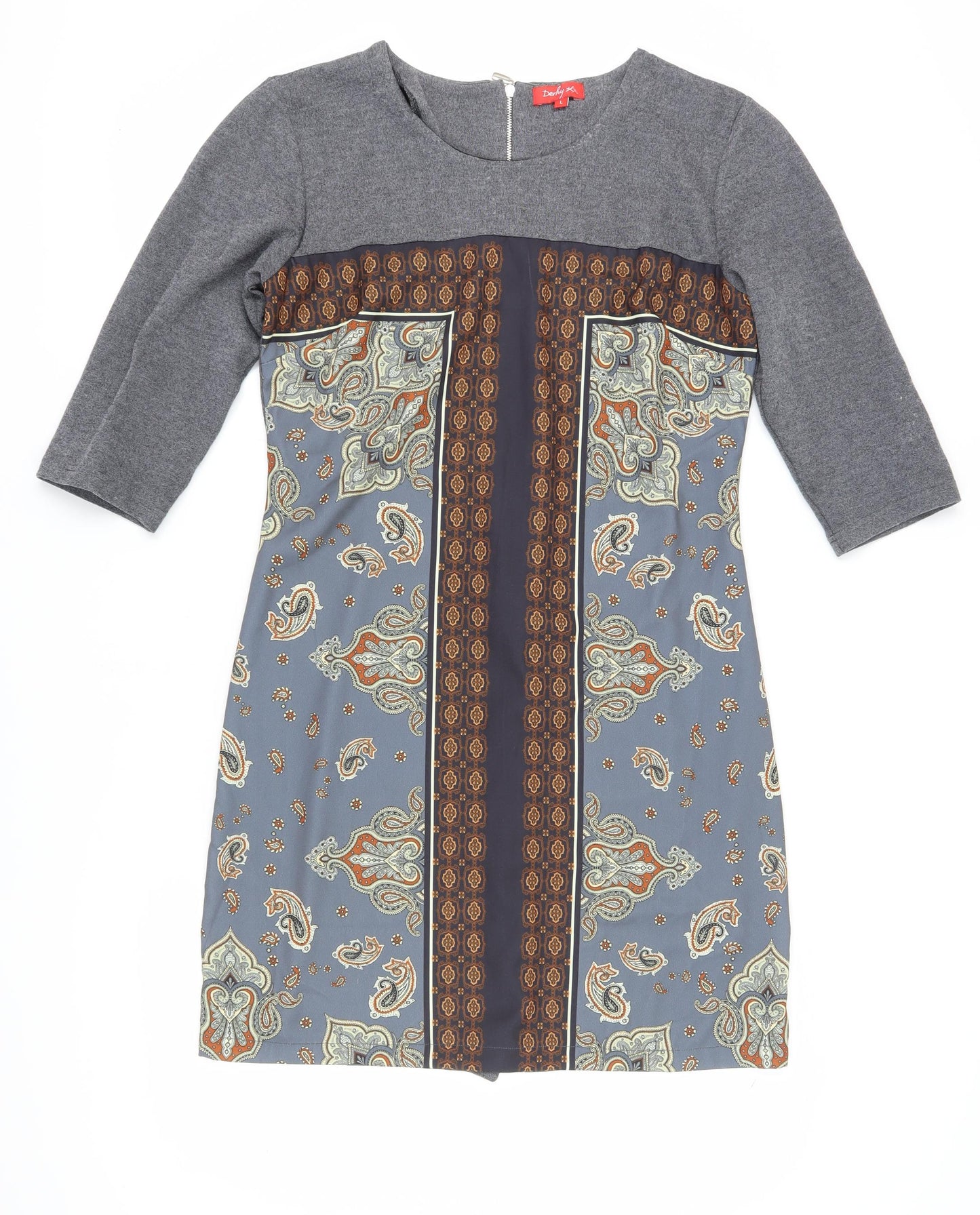 Derhy Womens Grey Paisley 3/4 Sleeve Shift Dress Size L