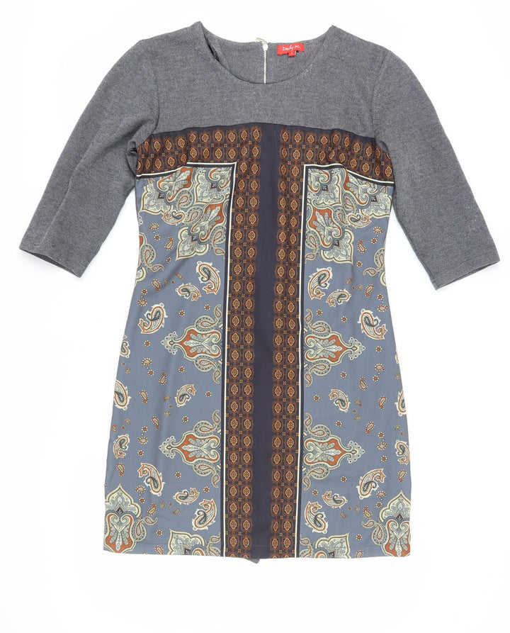 Derhy Womens Grey Paisley 3/4 Sleeve Shift Dress Size L