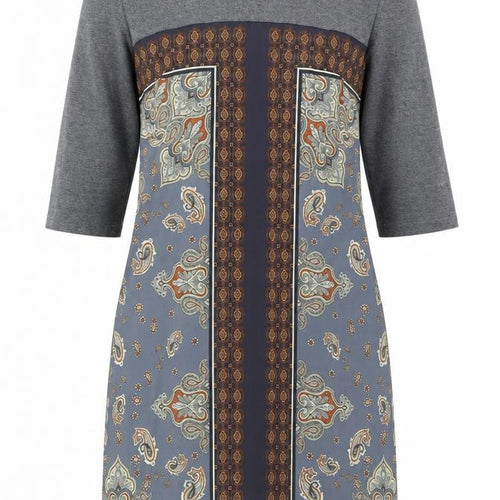 Derhy Womens Grey Paisley 3/4 Sleeve Shift Dress Size L