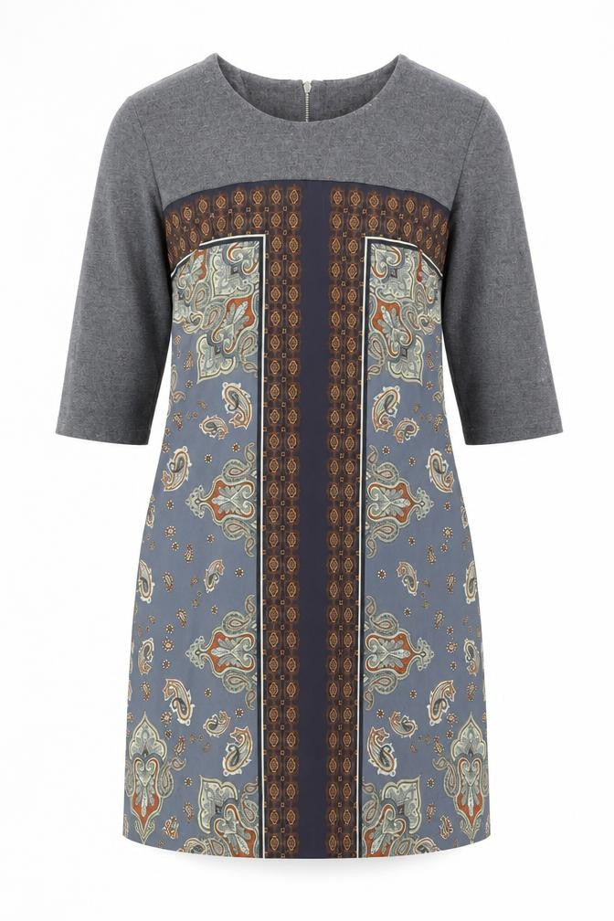 Derhy Womens Grey Paisley 3/4 Sleeve Shift Dress Size L