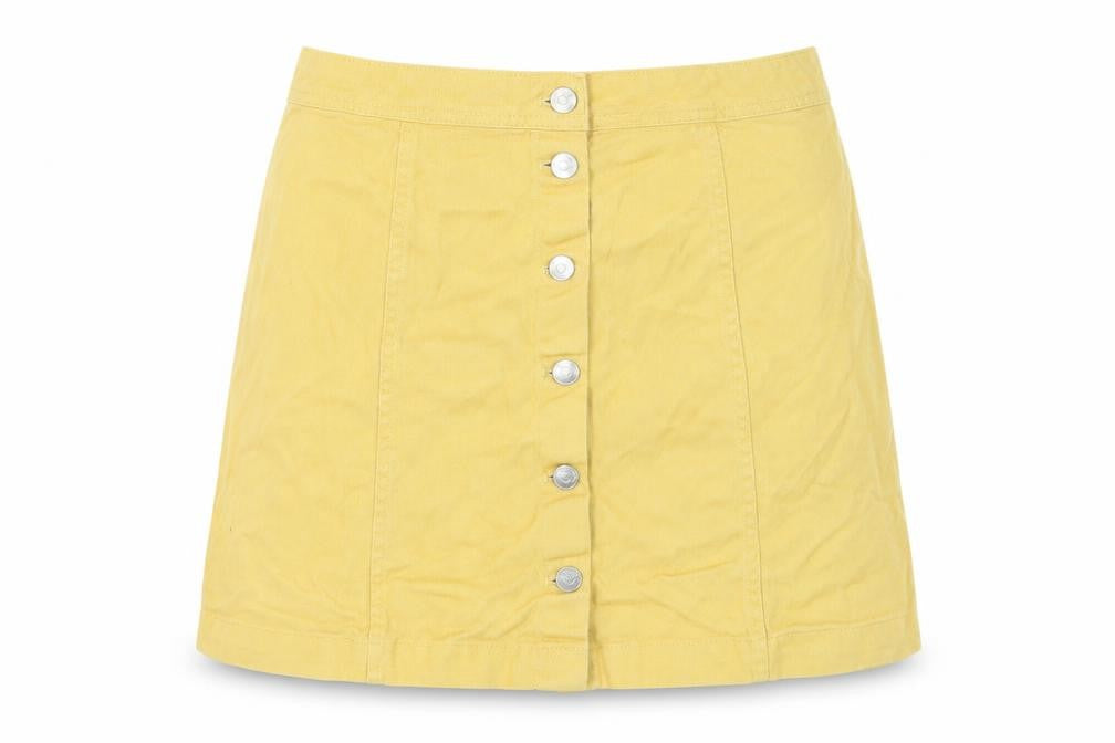 Front view of H&M Divided Women's Yellow A-Line Button Skirt, size 12