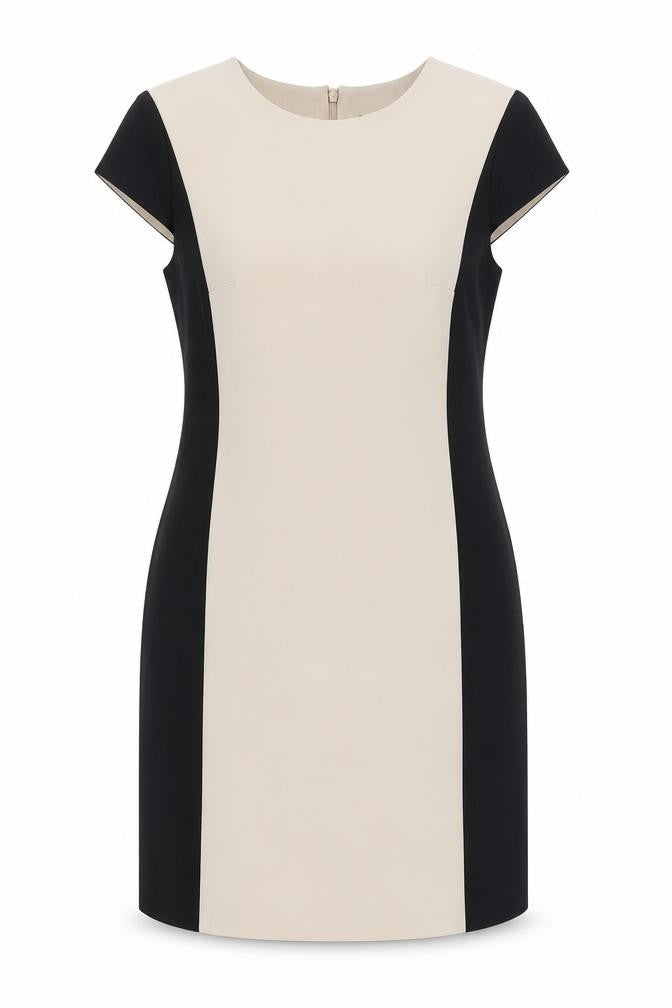 Front view of Warehouse Women's Sheath Dress Beige Black, size 12
